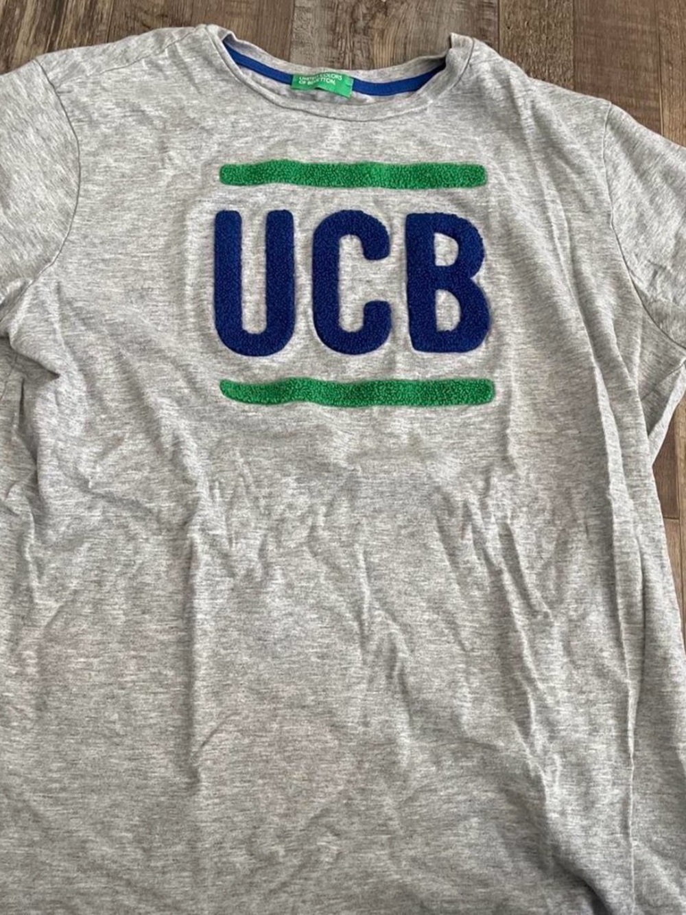 United Colors Of Benetton Grey Tee with Blue UCB Logo and Green Stripes